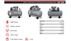 Gap GP200 200 Litre 8 Bar 3 Hp Çift Kafa Yağlı Pistonlu Hava Kompresörü