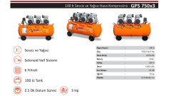 Gap Kompresör GPS750x3 100 Litre 3 Hp Yağsız Sessiz Hava Kompresörü