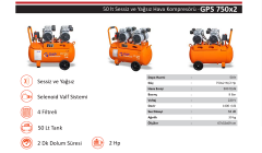 Gap Kompresör GPS750x2 50 Litre 2 Hp Yağsız Sessiz Hava Kompresörü