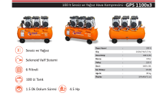 Gap Kompresör GPS1100x3 100 Litre 4,5 hp Yağsız Sessiz Hava Kompresörü