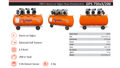 Gap Kompresör GPS750x3-200 200 Litre 3 Hp Yağsız Sessiz Hava Kompresörü