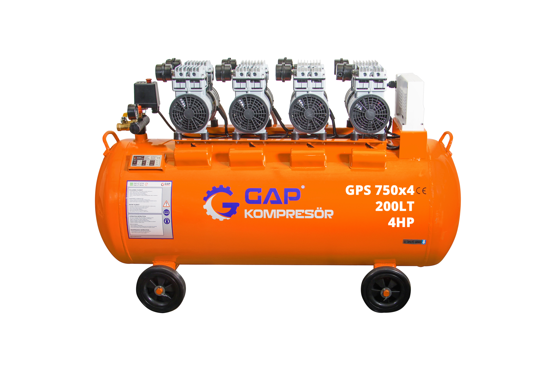 GAP Kompresör 200 lt 4 Hp Sessiz ve Yağsız Hava Kompresörü GPS 750x4/200