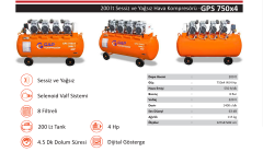Gap Kompresör GPS750x4 200 Litre 4 Hp Hava Kompresörü Yağsız Sessiz Kompresör