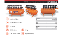 Gap Kompresör 300 Litre 9 Hp Hava Kompresörü GPS1100x6 Yağsız Sessiz Kompresör
