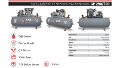 Gap Kompresör GP290-500 500 Litre 8 Bar 5,5 HP Yağlı Pistonlu Hava Kompresörü