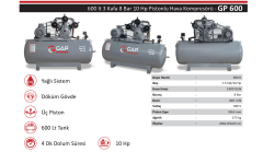 Gap Kompresör GP600 600 Litre 8 Bar 10 HP Yağlı Pistonlu Hava Kompresörü