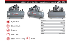 GAP Kompresör GPK600 600 Litre 12 Bar 10 HP Pistonlu Yağlı Hava Kompresörü