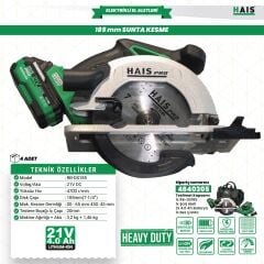 Haispro RB-DS185 Akülü Sunta Kesme Daire Testere 21 V 4.0 Ah Çift Akü
