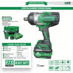 HaisPro Profesyonel Darbeli Somun Sıkma 2300 Nm Yüksek Tork 21 V 8 Ah Çift Akü - RB-826
