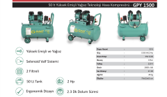 Gap Kompresör GPY1500 50 Litre 2 Hp Yüksek Emişli-Hızlı Yağsız Sessiz Hava Kompresörü