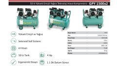Gap GPY1500X2 50 Litre 4 Hp Yüksek Emişli-Hızlı Yağsız Sessiz Hava Kompresörü