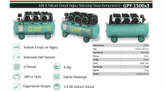 Gap Kompresör 100 Litre 6 Hp Hava Kompresörü GPY1500X3 Yağsız Sessiz Hızlı Kompresör