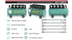 Gap GPY1500X4 200 Litre 8 Hp Yüksek Emişli-Hızlı Yağsız Sessiz Hava Kompresörü