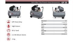 GAP Kompresör GP50 2 Hp 8 Bar 50 LT Pistonlu Yağlı Hava Kompresörü