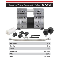 GAP Kompresör Sessiz Yağsız 1 Hp Kompresör Kafası Motoru G 750W
