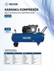 Factor 3 Hp 200 Litre Hava Kompresörü AC200 Yağlı Pistonlu Kompresör