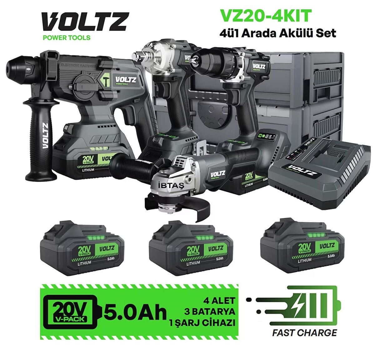 Voltz VZ20-4Kit 4ü1 Arada Akülü Matkap Set 20 V 5 Ah 4'lü Akülü Set